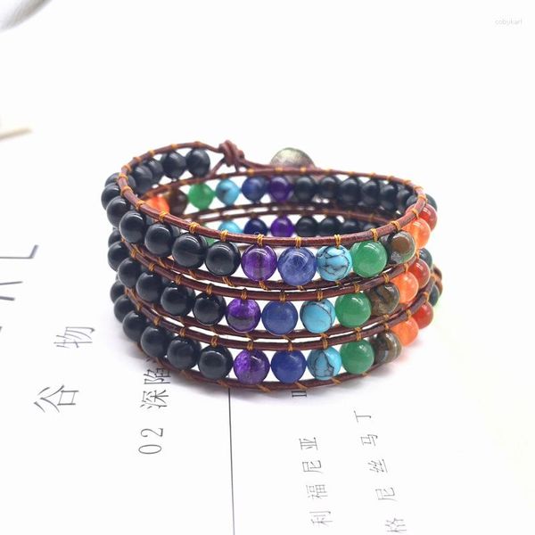 Strand 2023Bracelets en cuir vintage 6MM pierre mate 3 brins Wrap tissé multicouche Boho Bracelet bijoux faits à la main livraison directe