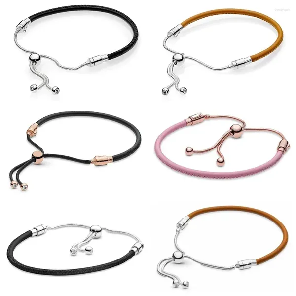 Brin 2024 925 argent Sterling Moments curseur en cuir noir et rose Bracelet ajustement bricolage charme Original mode bijoux cadeau