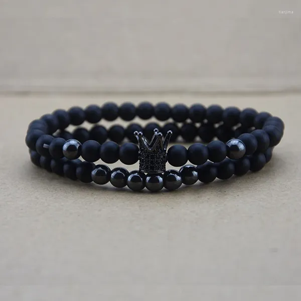 Conjunto de pulsera de corona Strand 2024, cuentas de piedra mate negra, pulseras de amigos para mujer, joyería para hombre, Uomo