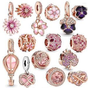 Strand 2024 Sparkling Pink Daisy and Cherry Blossom Pendant Perles adaptées aux bracelets originaux bijoux pour femmes