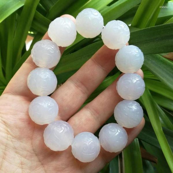 Hilo 20mm pulsera de ágata blanca Natural hombres mujeres piedras preciosas curativas joyería fina Feng Shui cuentas talladas pulseras elásticas brazaletes