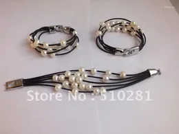 Strand 20 pièces Bracelets de manchette de mode-7.5 ''cordon en cuir fermoir en acier inoxydable 9-10mm Bracelet de perles d'eau douce blanches