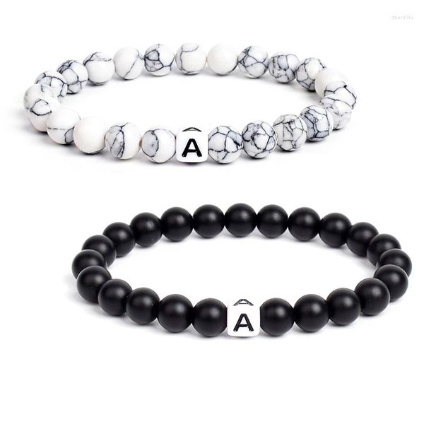 Hebra 26 letras A-Z ID nombre pulsera negro blanco piedra cuentas pareja solo joyería elástica amistad hombres mujeres familia regalo