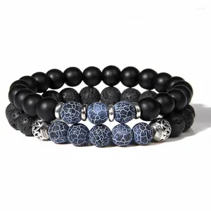 Strand 2 Stuks Zwart Verweerde Agaat Armband Set Voor Vrouwen Mannen Paar Natuurlijke Vulkanische Lavasteen Matte Onyx Kralen Pulse