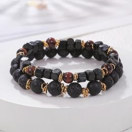 Conjunto de pulseras de piedra Natural para hombre, 2 uds., pareja, Ojo de Tigre rojo, Lava, Cuentas cuadradas, regalos de joyería energética hechos a mano