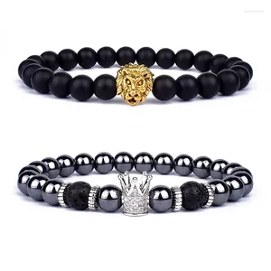 STRAND 2PCS PARK Golden Lion Hematiet Bead Bracelet Men Mode Handgemaakte Lava Stone Zirkoon Kroonarmbanden voor vrouwelijke mannelijke sieraden