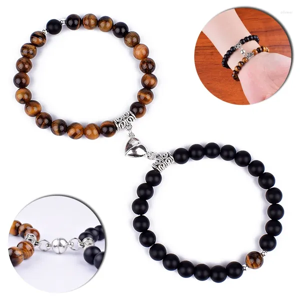 Strand 2 Unids Pareja Pulsera de Distancia Magnética Elástica Ojo de Tigre de la Suerte Piedra Natural Pulseras de Amuletos de Corazón Amantes Joyería Regalos Pulsera