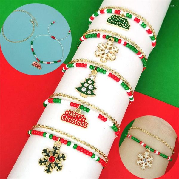 Strand 2 unids moda Navidad arroz cuentas pulsera Rhinestone Santa copo de nieve árbol letras feliz metal brazaletes mujeres hombres regalos de cumpleaños