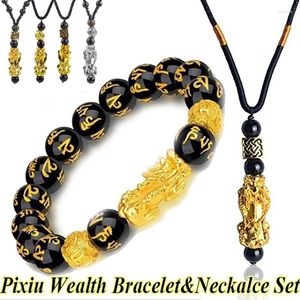 Strand 2 pièces or Pixiu Bracelet collier ensemble Feng Shui bouddhiste perle obsidienne hommes femmes richesse bonne chance bijoux