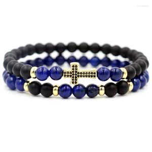 Bracelets en pierre Lapis Lazuli bleue pour hommes et femmes, 2 brins, incrustation de croix en Zircon, breloque énergétique, cadeau d'amour pour Couples, pièces/ensemble