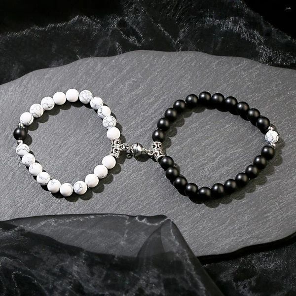 Strand 2 pièces/ensemble Couple aimant forme ronde pendentif Bracelets 8mm blanc noir pierre Distance bracelets pour femmes hommes Pulsera bijoux cadeau