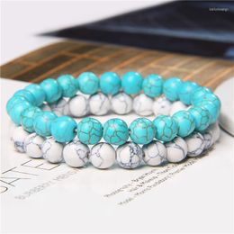 Brin 2 pièces/ensemble mode Couple Distance Bracelet 8mm bleu Turquoises pierre perles élastiques hommes femmes énergie chanceux bijoux cadeaux