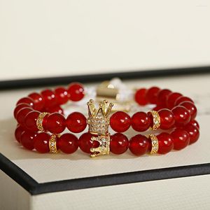 Brin 2 pièces/ensemble pierre naturelle perle homme Bracelets pavé CZ petite couronne et boule Bracelet classique mat noir rouge bijoux