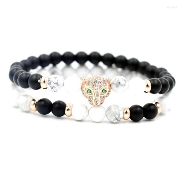 Strand 2 unids/set Color plata cobre incrustaciones Zircon leopardo cabeza pulseras hombres piedra de ónix Natural Chakra pulsera para mujeres