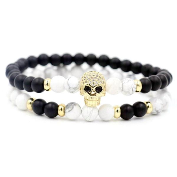 Hebra 2 unids/set blanco howlita piedra parejas distancia pulsera hombres Color plata Micro CZ Chakra pulseras para mujeres amor cuentas hebras