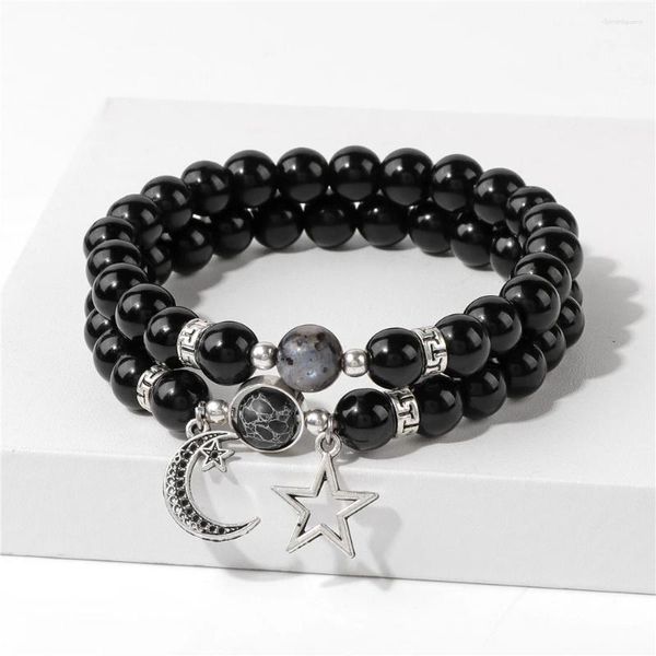 Pulsera con dije de luna y estrella para hombre, 2 uds., ónix negro, brazaletes de protección energética de labradorita, regalo de joyería de amistad