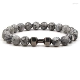 Hebra 3 colores 8 mm Piedra gris Cuentas Pulseras Dumbbell Charms Pulsera Buda Yoga Strench Joyería Oro Negro