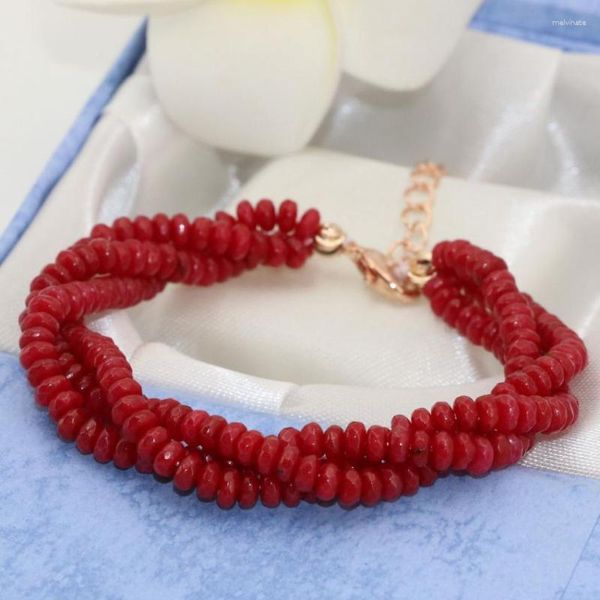 Strand 3 rangées fermoirs couleur or pierre naturelle rouge calcédoine Jades boulier à facettes 2 4mm Bracelet multicouche femmes bijoux 7.5 pouces B2783