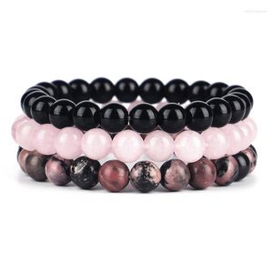 STRAND 3PC Sets Bracelet Natural Stone kralen elastische koordroze kralen dames sieraden Rhodonit Rosequartz Black onyx