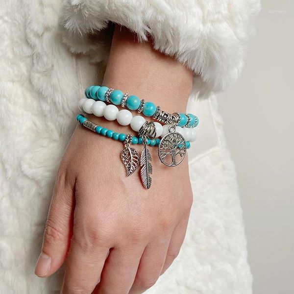 Bracelet à breloques en forme de feuille, 3 pièces, perles en pierre Turquoises bleues pour femmes, bijoux de guérison d'arbre de vie, bracelets féminins et masculins