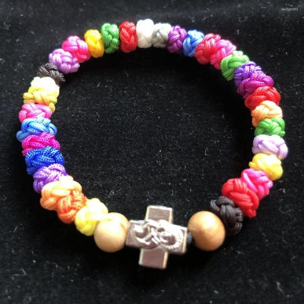 Strand 3PCS Pulsera ortodoxa elástica multicolor Pulseras de cuerda de 33 nudos griegos con cuentas de madera de olivo y cruz de aleación de zinc