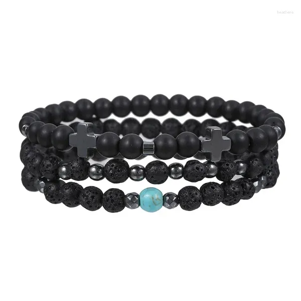 Strand 3 unids/set pulseras hombre negro Lava piedra cuentas pulsera mujer mate encanto mujeres hombres