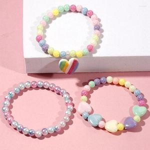 Strand 3 stks/set Kleurrijke Acryl Kralen Armband Voor Baby Meisjes Zoete Leuke Regenboog Liefde Hart Kinderen Mode-sieraden Geschenken