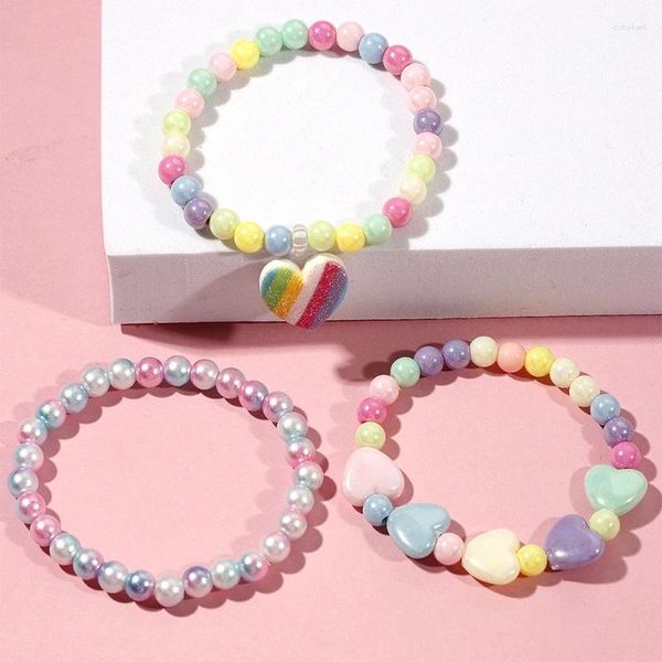 Bracelet de perles en acrylique coloré, 3 brins, pièces/ensemble, pour bébés filles, doux et mignon, arc-en-ciel, cœur d'amour, bijoux à la mode, cadeaux pour enfants