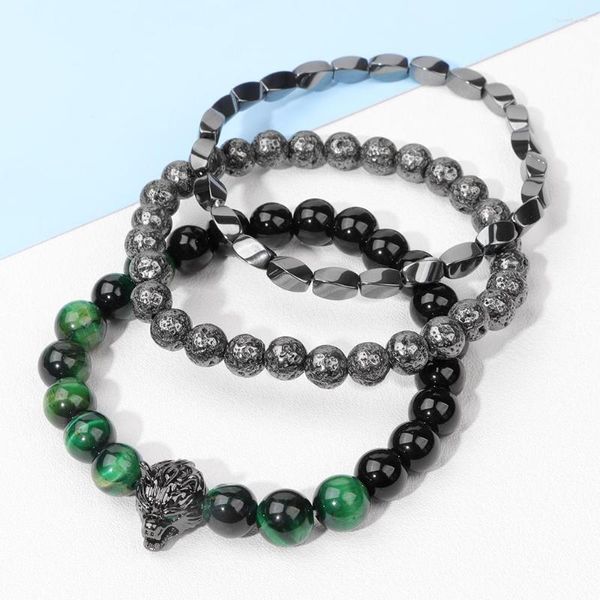 Strand 3 unids/set pulseras de piedra de lava de hematita Irregular para Hombre, conjunto de Pulsera con abalorio de lobo, cuentas de ojo de tigre, brazaletes, joyería, Pulsera para Hombre