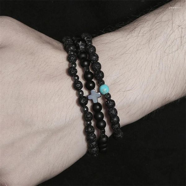 Strand 3 unids/set pulseras de piedra Natural hematita colgante cruzado cuentas de Lava de ónix negro pulsera de cuerda elástica para regalo de hombres