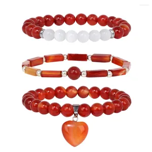 Brin 3pcs / ensemble Bracelet de cœur en pierre naturelle pour femmes Charme d'agate rouge Ensemble de bijoux femelles Cartonlienes Bangles perles Hommes