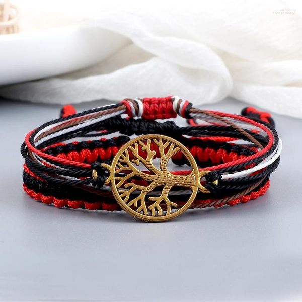 Strand 3Pcs / Set Wax Line Bracelet Noir Rouge Couleur Chaîne Bracelets Métal Aum Waves Arbre Vie Pendentif Pulsera Bijoux Cadeau Pour Un Ami