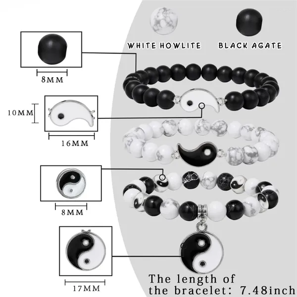 Brin 3pcs Blanc et noir yin yang tai chi Perles d'hématite en pierre naturelle bracelets pendentifs bracelets hommes bijoux