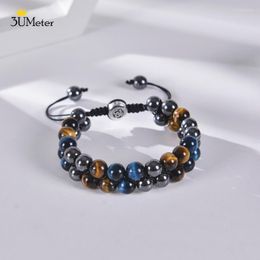 Strand 3UMeter Hombres Tiger Eyes Pulsera Ajustable Doble Fila Piedra Natural Beads Pulseras Para Mujeres Black Onyx Hematite Brazalete Joyería