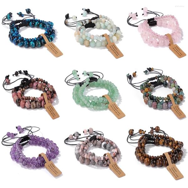 Strand 4 6 8 mm Cuentas Pulseras trenzadas para mujeres Hombres Piedra natural Amatistas Rosa Cebra Ojo de tigre Pulsera tejida Conjunto Joyería ajustable