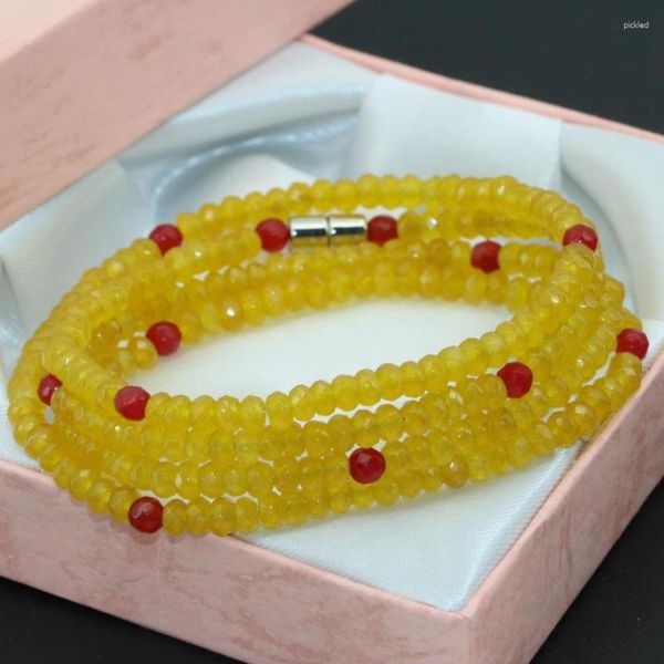 Hebra 4 Filas Cadena Larga Cierre Magnético 2 4mm Ábaco Facetado Jades Amarillo Piedra Natural Calcedonia Pulseras Multicapa Joyería B2775