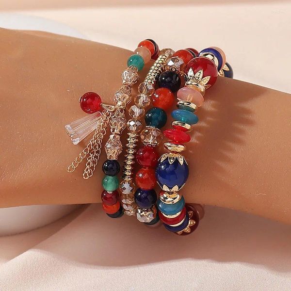 Strand 4 unid/set bonitas pulseras de cuentas acrílicas coloridas para mujeres y niñas, pulsera tejida hecha a mano con dijes, cadena, regalo de joyería Vintage bohemio