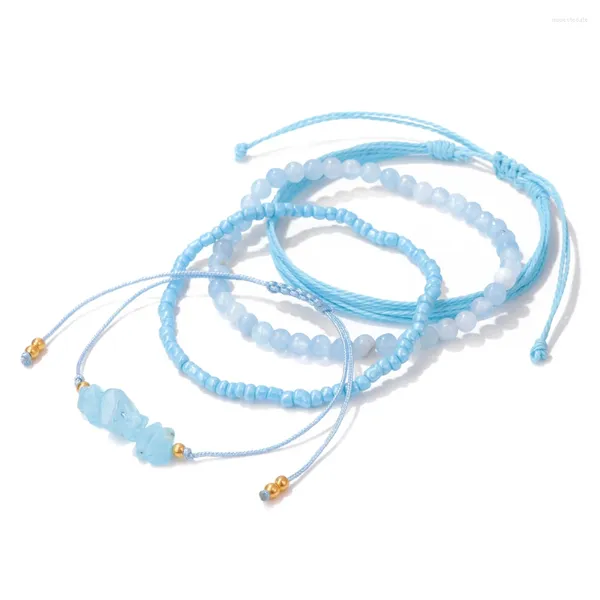 Strand 4 unids/set aguamarinas cuentas pequeñas pulseras de cuentas de semillas azules brazaletes trenzados de cuerda tejida para mujeres y hombres regalos energéticos