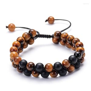 Strand 5 Unids / lote Natura 8 Mm Piedra Redonda Ojo de Tigre Cuentas de ónix Doble fila Encanto Tejido Cuerda de nylon Pulsera ajustable hecha a mano Hombre Mujer