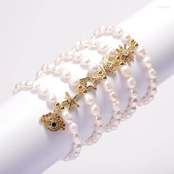 Strand 5 pièces/lot perles d'eau douce naturelles pavées couleur or Zircon mignon couronne soleil étoile minuscule pendentif Bracelet femme charme bijoux