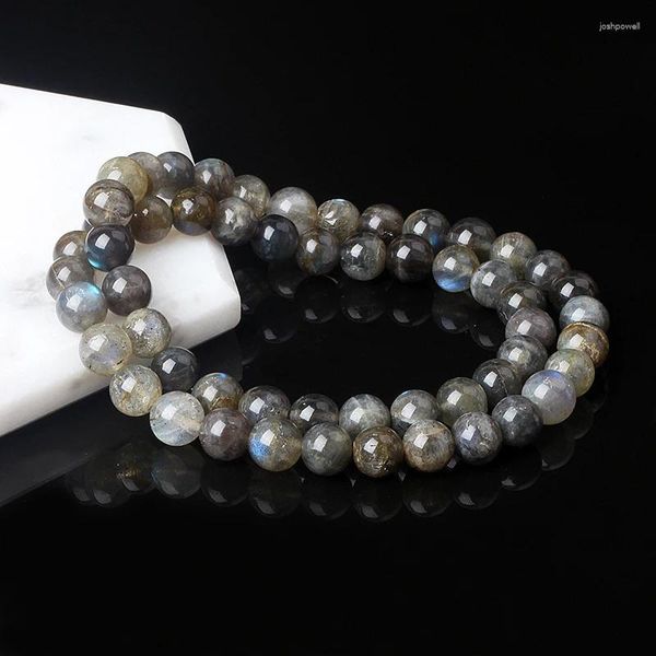 Pulseras de labradorita gris Strand 5A para mujer, pulsera de cuentas redondas de piedra lunar de espectrolita suave con destello, joyería de piedra Natural genuina