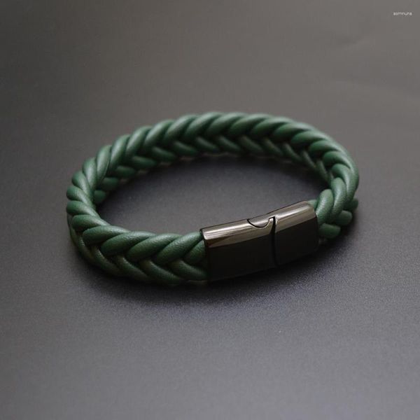 Strand 5 unids/lote pulsera de cuero verde tejida a mano de estilo Simple para hombre, pulsera negra con hebilla de Metal de alta calidad, regalos