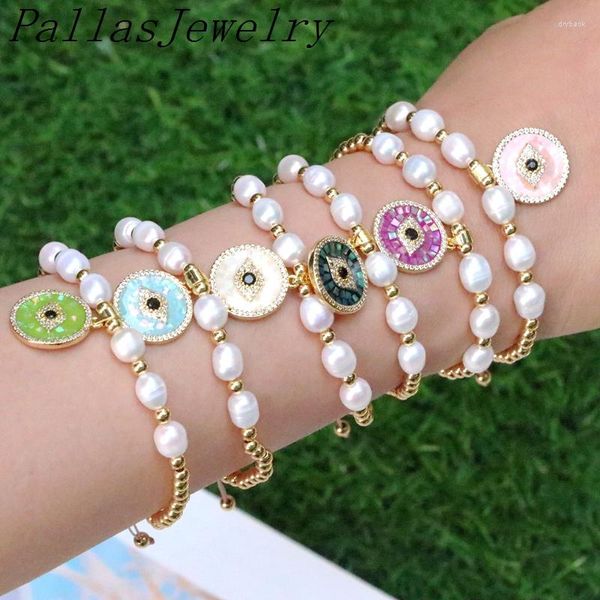 Pulsera trenzada con cuentas de oro de 18K para mujer, 5 uds., perlas naturales de lujo, ojo redondo, circonita cúbica, pulseras con dijes turcos, regalos