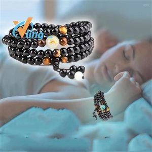 Bracelet en obsidienne lumineuse pour hommes et femmes, brin de 6/8mm, Onyx noir, 108 perles de bouddha, breloque œil de tigre, bijoux