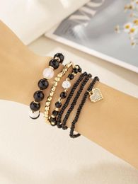 Strand 6 Style Boho perles de cristal noir verre perle de riz alliage amour pendentif ensemble de bracelets