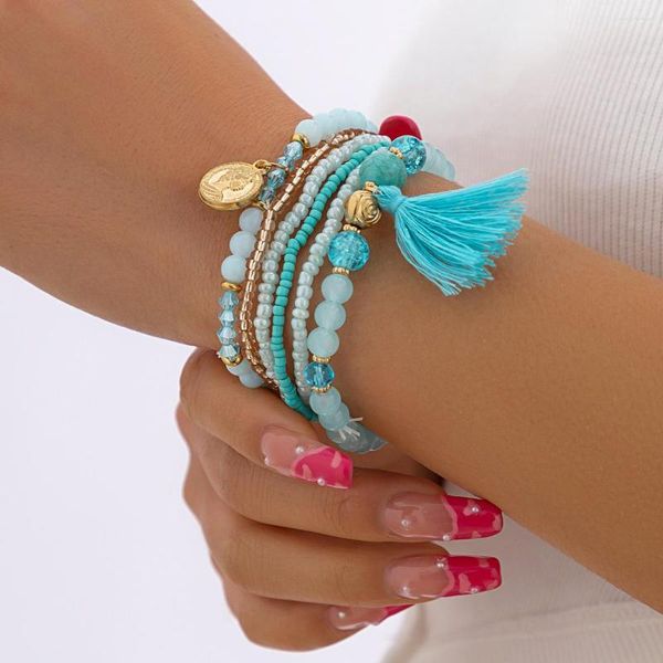 Pulsera de cristal de imitación con colgante de borla elástica multicapa, conjunto de cuentas de arroz de viento étnico, joyería de pulsera, 6 piezas