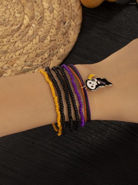 Strand 6 éléments d'Halloween pour femmes noir violet verre perle de riz alliage mort fantôme ensemble de bracelets suspendus