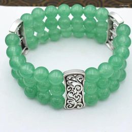 Bracelet en argent tibétain extensible pour femmes, 6 couleurs, bleu, vert, rouge, jaune, blanc, rose, 3 rangées, pierre naturelle, perles de 8mm