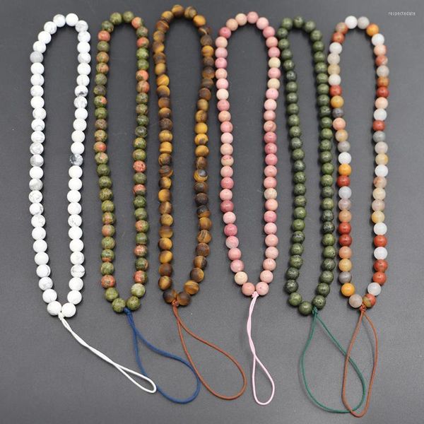 Strand 6mm Perles Téléphone Chaîne Sangle Poignet Mobile Lanière Clé Howlite Unakite Oeil de Tigre Amazonite Pierres Précieuses Bijoux Pour Hommes Et Femmes