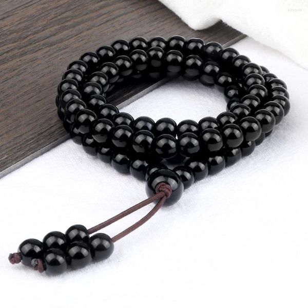 Brin 6 MM Noir Perles Lumineuses Multicouche Bracelet Prière Charme 108 Pierre Naturelle Nacklace Élastique Tibétain Bracelet Bijoux Cadeau